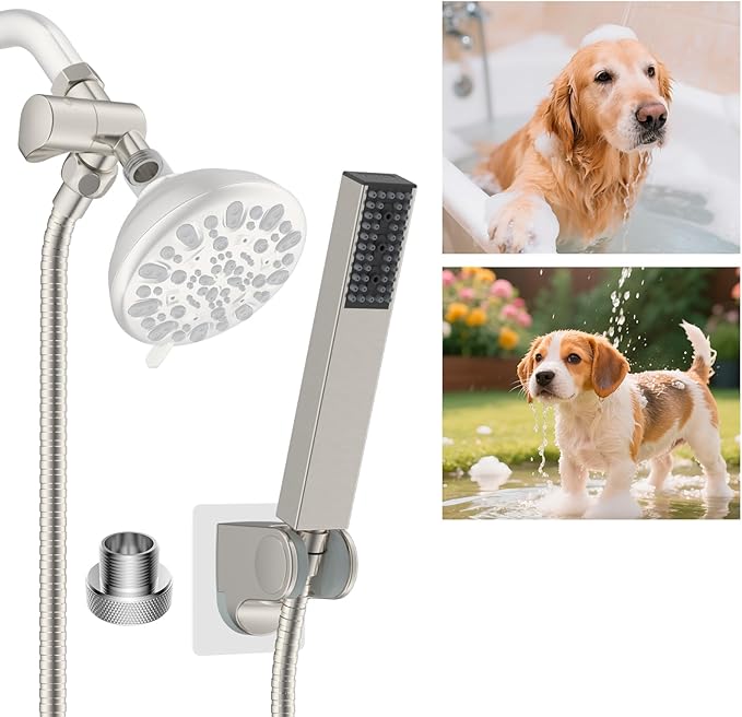 Hibbent All Metal Dog Sprayer Attachment Set, Stainless Steel Pet Shower Sprayer for Dog Washing and Bathing, 4 Sprays Handheld with Pause Mode, Brass Shower Diverter Valve, 119" Hose, Brushed Nickel