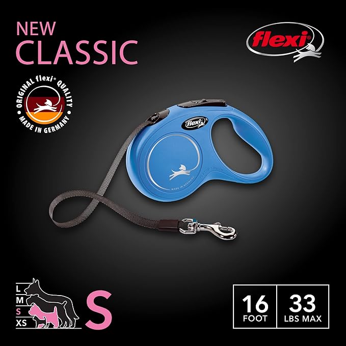 FLEXI Classic Tape Retractable Dog Leash for Small Dogs Upto 33 lbs. – 16 ft, Blue | Tangle Free Pet Walking Leash with One-Handed Brake, Pause, Lock|German Quality Product