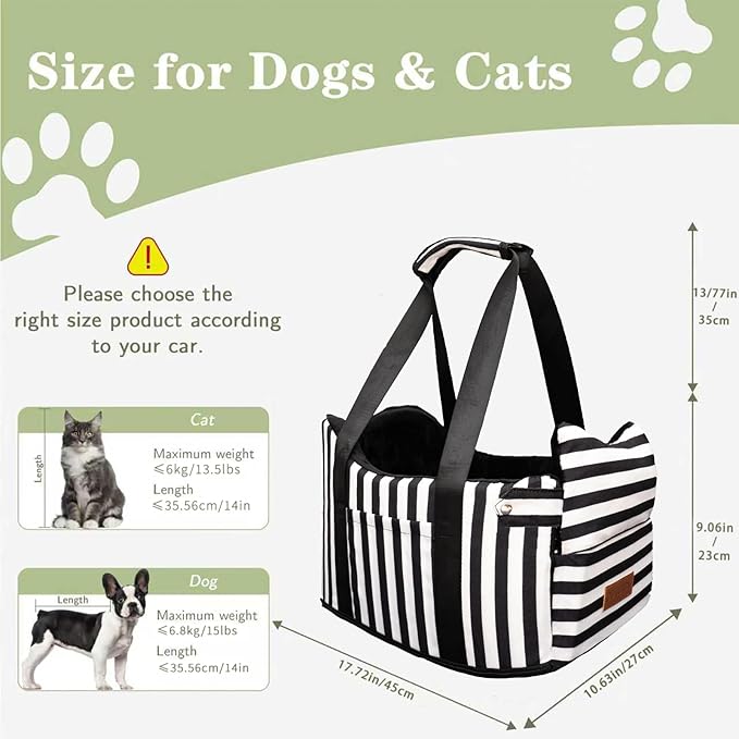 Dog Car Seat for Small Dogs Under 15 lbs – Center Console Pet Carrier with Safety Belt, Storage Pockets, Removable Washable Cover – B&W Stripes, Secure & Comfortable for Small Puppies/Cats