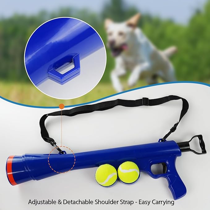 Dog Ball Launcher for Pet, Dog Ball Thrower Launcher with 2 Tennis Balls & Shoulder Strap, 23.4" Long-Range Ball Launcher Toy for All Dog Breeds, Blue