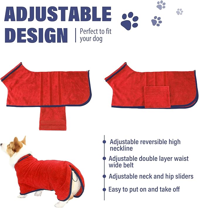 Dog Drying Coat - Fast Drying Dog Towel Robe - Microfiber Super Absorbent Pet Bathrobe, Adjustable Collar & Belly Strap Pet Coat Pet Bath Robe Towel (XX-Large, Red)