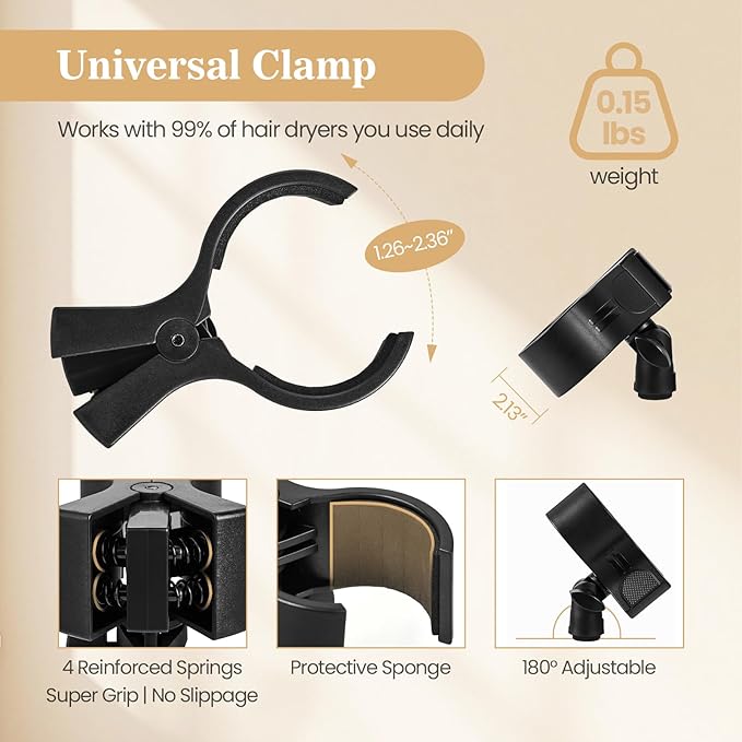 Hair Dryer Stand Adjustable, 27-59 Inch Hair Dryer Holder with Triangular Base and Universal Clip, 180° Rotating for Bathroom, Vanity, Makeup Room, Home Styling and Pet Grooming