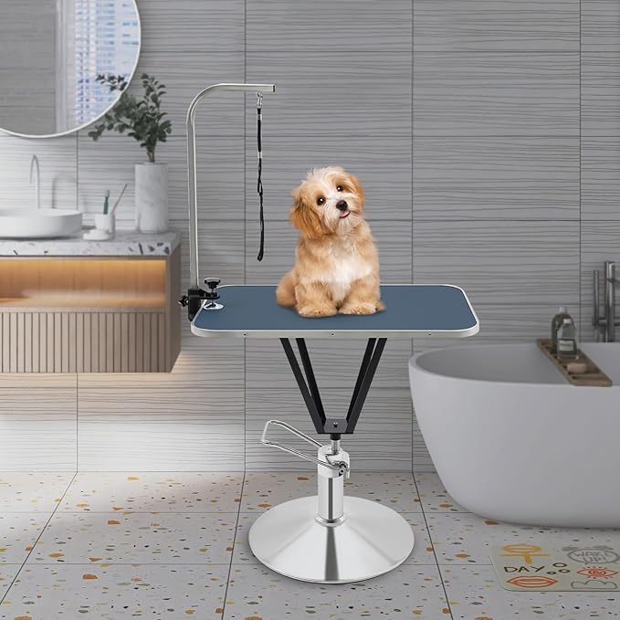 Hydraulic Pet Grooming Table with Adjustable Arms, 360 Degree Table Top Swivel Maximum Load 220 lbs Professional Pet Grooming Table, 34in Hydraulic (Blue,Rectangular)