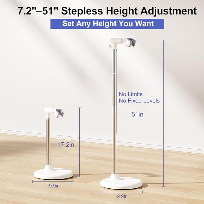 Hair Dryer Stand with 360 Rotating Head, Hands Free, Large Hook,Heavy Duty Base, Adjustable Height, TPU Padded Clip, Aluminum Alloy Holder for Home or Salon (White)