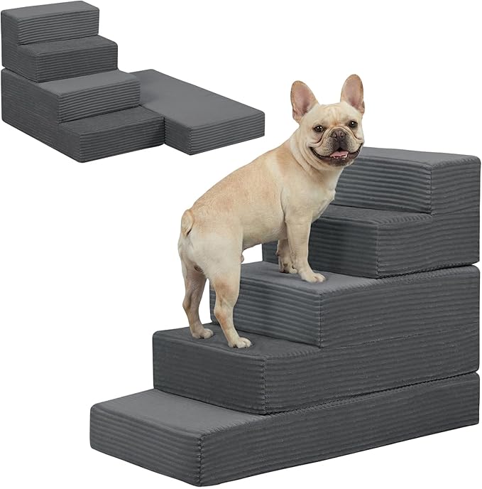 Dog Stairs for Small Dogs, 22" H Dog Steps for High Bed, 5 Steps 3 in 1 Foldable Pet Ramp for Large Cats Climb, Transformable Large Cats Ramp to Get on Couch, Non-Slip Balanced, Dark Grey