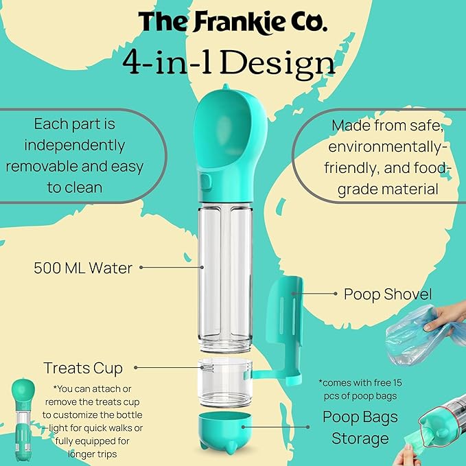4 in 1 Dog Water Bottle Portable, Leakproof Travel Pet Water Bottle with Bowl, Poop Bag Holder & Shovel, Hydration on the go for Dogs, Dog Travel Accessories for Walking, Hiking, Outdoor, 17oz