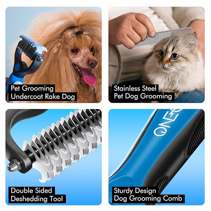 Pet Grooming Brush and Metal Comb Combo, Pet Grooming Rake and Brushes for Small, Medium & Large Dogs Double Sided Deshedding Tool Removes Knots and Tangled Hair (Blue)