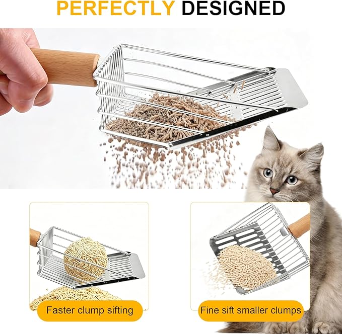Dreamoon Cat Litter Scoop with Holder, Heavy Duty Stainless Steel Kitty Litter Scooper with Coarse and Fine Mesh, Includes Broom and Dustpan Set, Quick Sift and Easy Clean, Green