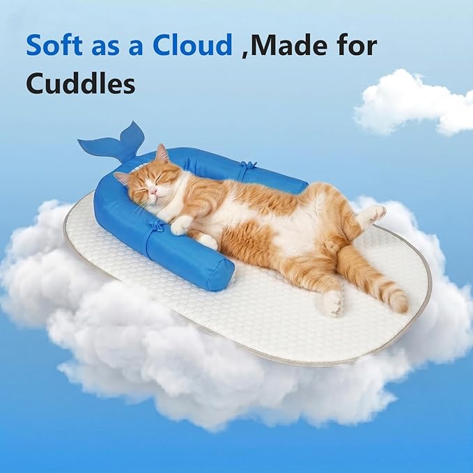 Cat Cooling Mat with Soft U-Shaped Pillow– Breathable Calming Cooling Pad for Cats– Portable Washable Summer Cooling Cat Bed for Indoor Or Travel Use,Blue Shark