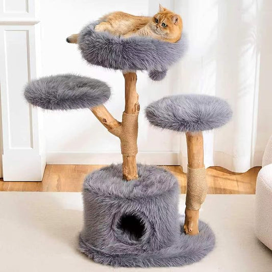 HITTITE Natural Wood Cat Tree Tower with Scratching Post, 40 Inches Tall Modern Cat Tower with Cozy Bed and Condo, Luxury Real Branch Cat Tree for Indoor Cats Large Adult, Grey.