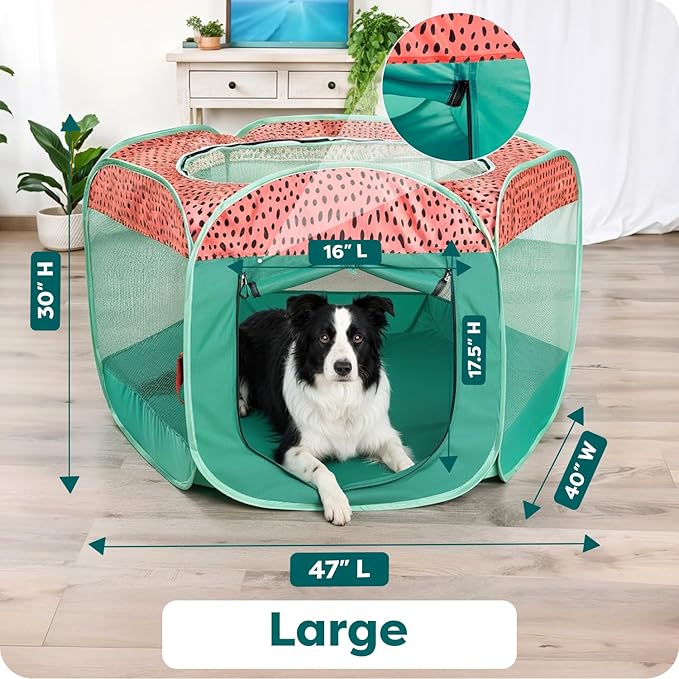 FurHaven Soft-Sided Dog & Cat Playpen, Portable Foldable Indoor & Outdoor Pet Playpen with Mesh Windows & Zippered Door, Green & Pink, Large