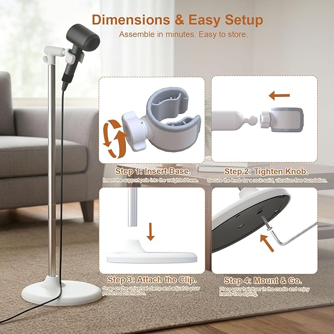 Mistriddle Hands Free Hair Dryer Holder Floor Stand, Adjustable Height (17.2"-51"), Universal Clip with TPU Protection & Organizer Hook, Stable Aluminum Base Blow Dryer Stand Hands Free(White)