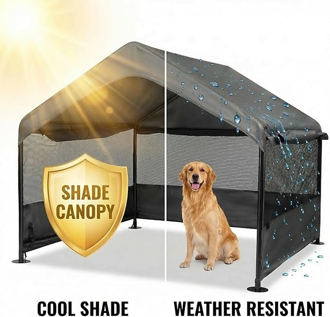 Dog Tent House Outdoor Shade 4'x4'x3' Shelter for Large Medium Pets,Outside Sun Rain Waterproof Canopy with Three-Sided Breathable Mesh Windows,Livestock House with Ground Nails,Dark Gray