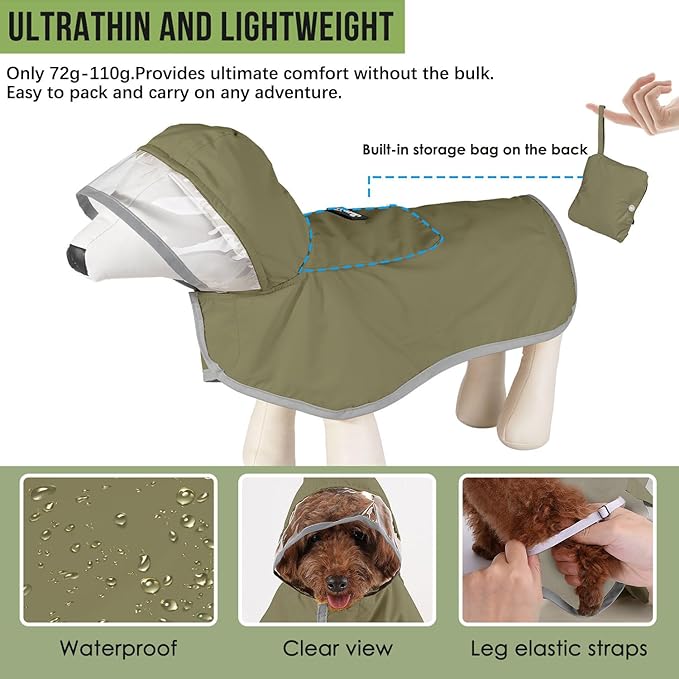 Lukovee Dog Raincoat - Lightweight Hooded Dog Rain Coat for Large Medium Small Dogs, Adjustable Poncho Jacket with Reflective Stripes & Built-in Storage Pocket (Green, X-Large)