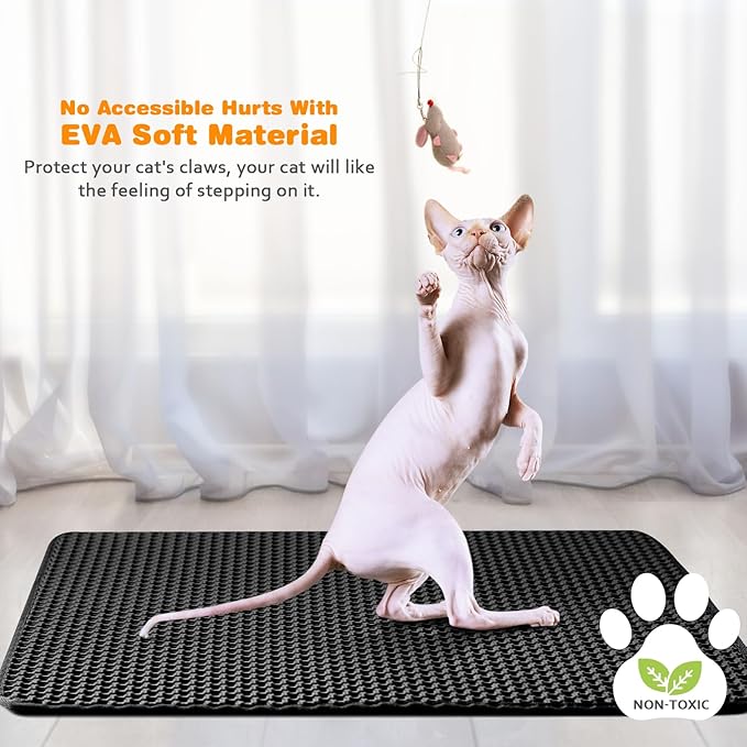 Waterproof Cat Litter Mat, Double Layer EVA, Odor-Free Large Grid, Urine Proof, Easy Cleanup (Black, 18 x 24)