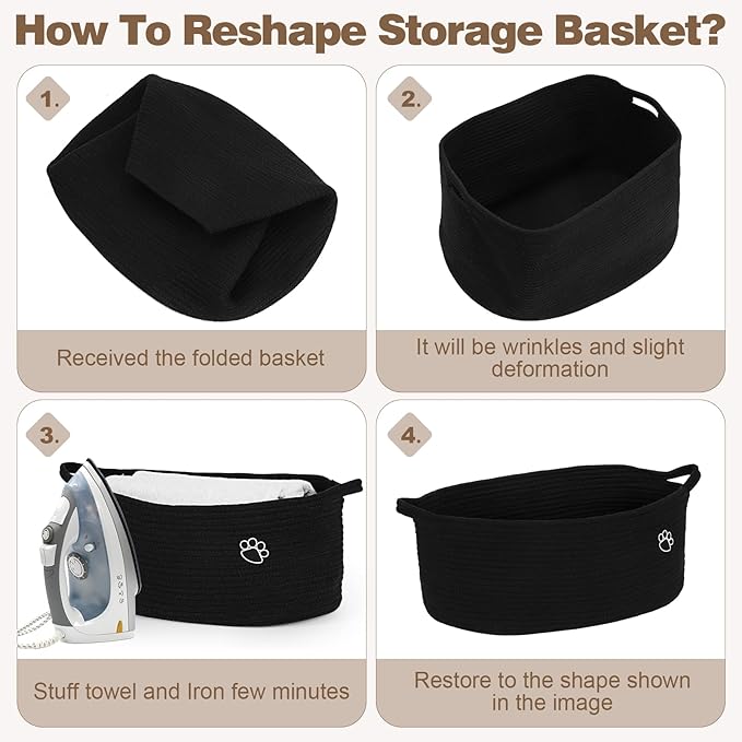 Optish Dog Toy Basket, Toy Storage Box and Bin with Handles, 19.7" X 11" X 7.9" (30L) Large Woven Rope Basket for Blankets, Living Room, Bedroom, Black