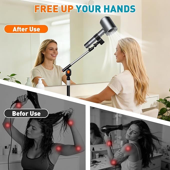 Hair Dryer Stand Hands Free, Hair Dryer Holder Stand with Rotary Lock Swing Arm, 23.6–63" Adjustable Height Hair Diffuser Stand, 360° Rotating with Heavy Base for Dyson Supersonic Bathroom, Vanity