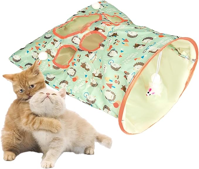 Cat Tunnel Toy, Cat Tunnel Bags with 1 Little Mouse & 3 Ball Crinkle Sack Bag for Cats, Portable Training Cave Collapsible Interactive Cat Drill Bag Pet Toy, Cat Self Interactive Toys(Green)