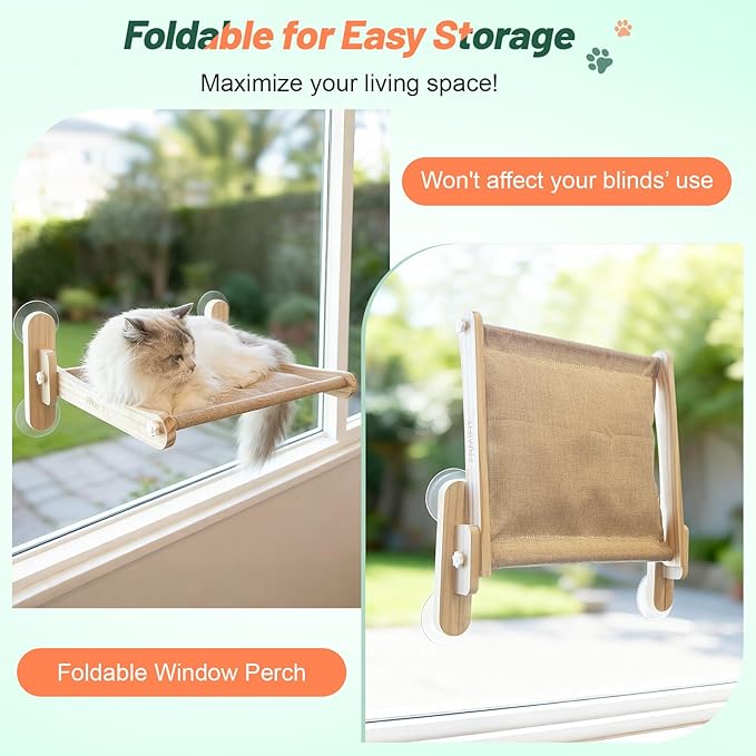 Foldable Cat Window Perch - Natural Pine Cat Sill Seat, 45LBS Heavy Duty Cordless Design, Space-Saving No-Scratch Window Hammock for Indoor Cats