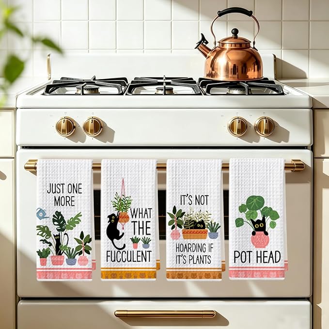 Hanamiya Na 4 Pcs Funny Cat Kitchen Towels, Plant Lover Gifts for Women Gardener Mom, Reusable Waffle Hand Towels for Bathroom Kitchen Home Farmhouse Decor, Cat Lover Gifts for Women, 24x14 Inch