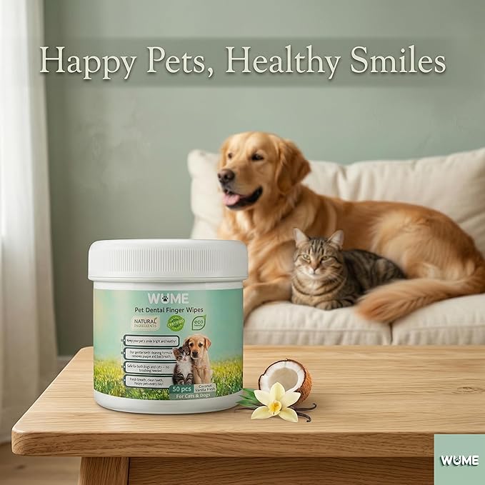 WUME Coconut Vanilla Fresh Pet Dental Finger Wipes for Dogs & Cats, Pet Breath Freshener & Toothbrush Alternative, Natural Coconut & Vanilla, 50 Count
