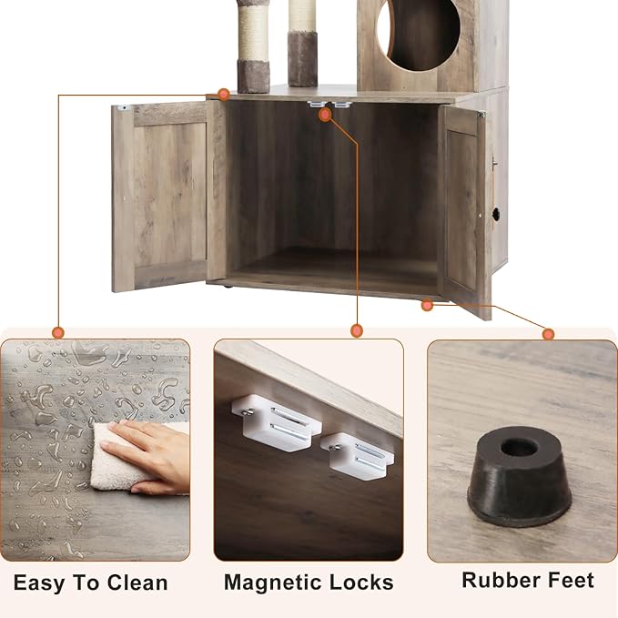 Timberer Litter Box Enclosure with Cat Tree, 2-in-1 Cat Tree Tower, Hidden Cat Litter Box Furniture with Scratching Post, Modern Cat Condo, Grey