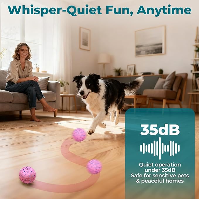 KITPLUS Smart Interactive Dog Toy Ball - Automatic Moving, Bouncing & Rolling, 3 Play Modes, Chew-Proof E-TPU, Waterproof, USB Rechargeable, Active Pet Ball for Medium & Large Dogs, Pink