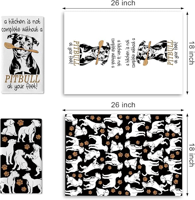 Funny Pitbull Dog Kitchen Dish Towels Set of 2, Cute Paw Prints Drying Hand Towel Baking Cooking Cloth, Home Decoration Gifts for Pet Dog Owner Lover 18'' x 26''