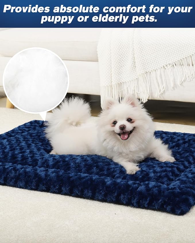 Washable Dog Bed Reversible Dog Beds for Crate Soft Fluffy Kennel Pad Anti-Slip Pet Sleeping Mat for Large Jumbo Medium Small Dogs (Blue, 48.00" x 30.00" x 1.50")