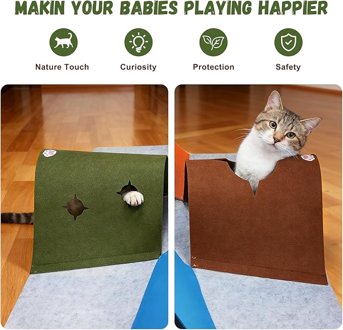 Cat Tunnel Play Mat for Indoor Cats, Felt Interactive Pet Toy with Hidden Ball, Enrichment Activity Rug, Collapsible Cave for Kittens & Small Pets (Colorful)