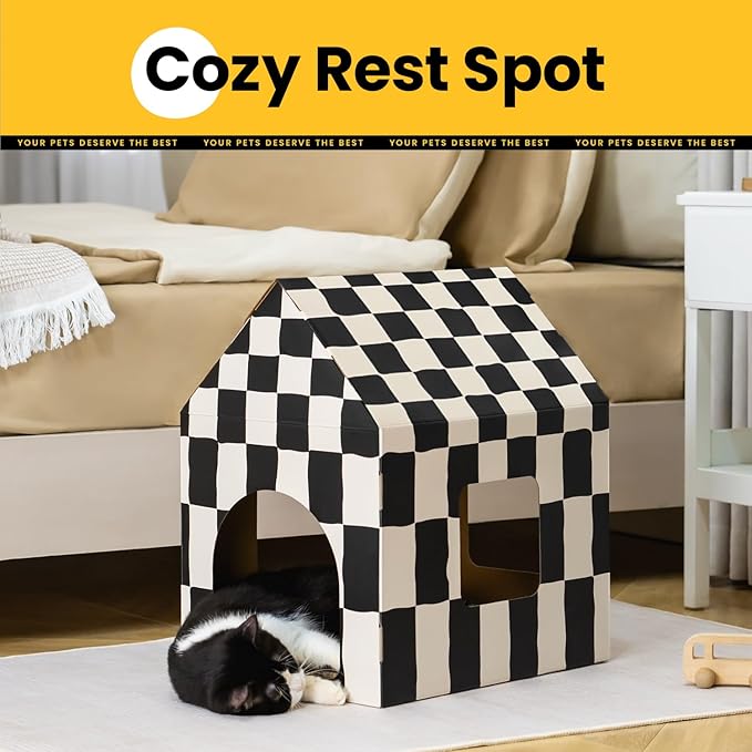 Conlun Cardboard Cat House with Scratch Pad & Catnip, Cat Play Scratching House for Indoor Hideaway Furniture, Heavy Duty Sturdy Cardboard Scratcher, Easy to Assemble Birthday Gift, Large