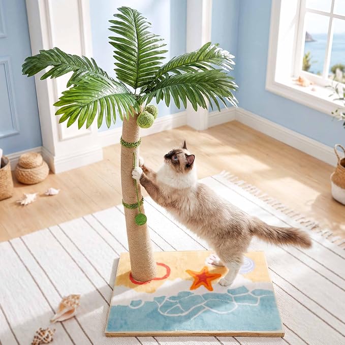 Tall Cat Scratching Post for Indoor Cats Adults, 33'' Large Cat Scratch Post with Perch, Cute Cat Scratching Post with Boho Carpet ＆ Dangling Ball Toys, White