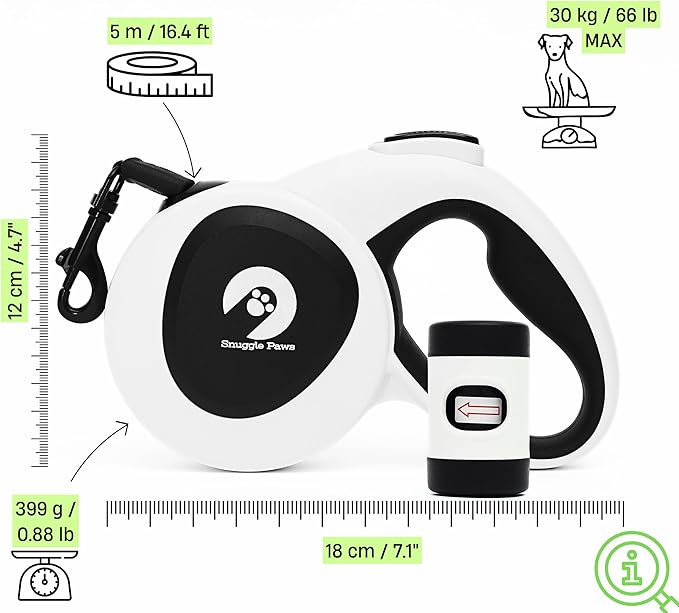 Snuggle Paws Retractable Dog Leash 16ft – Heavy Duty All-in-One Dog Leash with LED Flashlight, Poop Bag Holder, Chew Proof Steel Cable & Reflective Tape – Size M