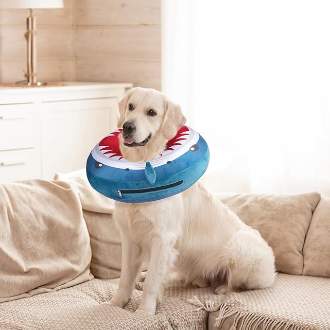 SCENEREAL Dog Cone Alternative After Surgery Pet Recovery Collar for Small Medium Large Dogs Cats, Adjustable Inflatable Donut to Prevent Licking, Shark Print E-Collars