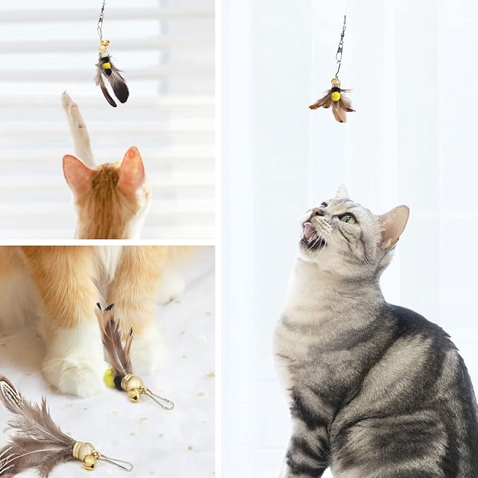 SONGWAY Cat Teaser Wand Toy - 9 Piece Retractable Set, Insect Worm Replacement Teaser with Bell, Interactive Cat Toy for Indoor Kittens