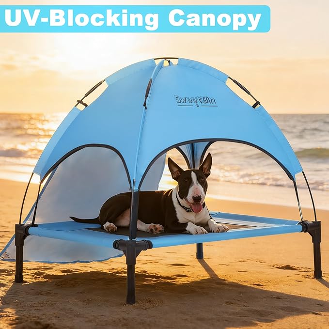 S/M/L Outdoor Elevated Dog Cot with Canopy & Side Shade for Camping Small Medium Dogs (Carry Bag), Portable Cooling Raised Dog Bed
