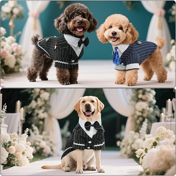 DENTRUN Dog Tuxedo Suit with Bow Tie - Formal Black & White Striped Pet Costume Shirt, Elegant Wedding Outfit Birthday Party Attire for Siberian Husky Border Collie Large Dogs, XL