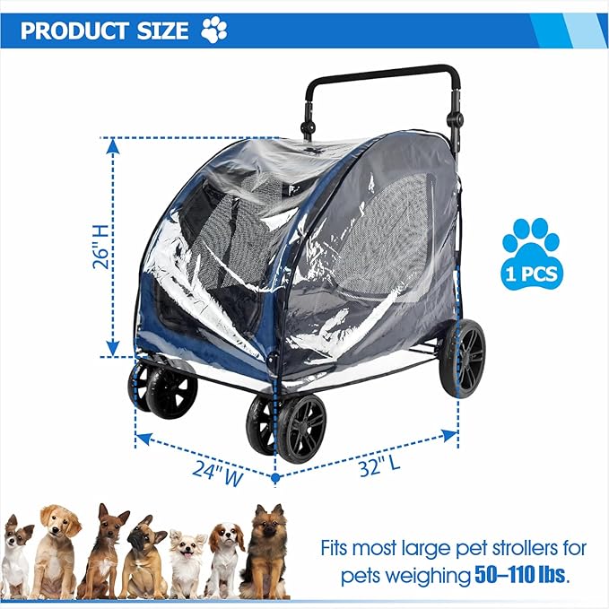 Pet Stroller Rain Cover PU Waterproof Windproof Clear Foldable Shield for Dog and Cat Strollers Outdoor Use (B)