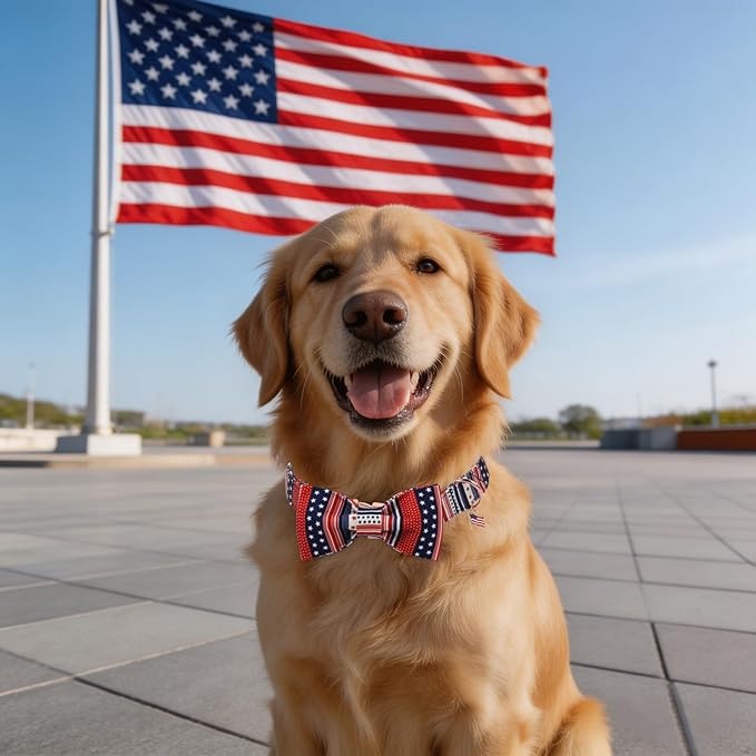 American Flag 4 of July Dog Bow Collar, Independence Day Adjustable Patriotic Dog Collar with Bowtie for Small Dogs,S