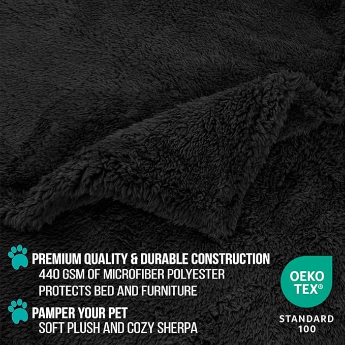 PetAmi Fluffy Waterproof Dog Blanket for Couch and Bed, Reversible Sherpa Pet Throw, Pee Proof Furniture Protector Sofa Cover, Washable Cat Blanket for Medium Large Dogs and Cats (Black, 60x80)