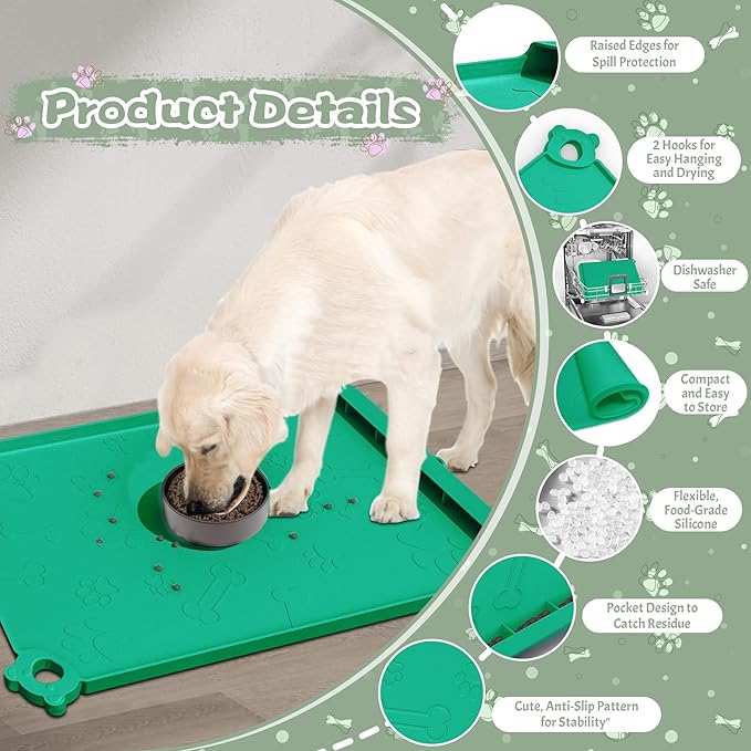 Silicone Dog Food and Water Mat - Pet Feeding Mats with Waterproof Design, Raised Edges and Hooks, Placemats for Cats and Dogs