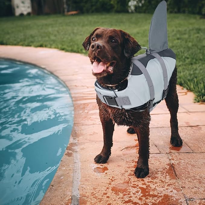 EMUST Dog Life Jacket Shark, Ripstop Dog Lifesaver Vests with Rescue Handle for Small Medium and Large Dogs, Pet Safety Swimsuit Preserver for Swimming Pool Beach Boating (XS, Grey)