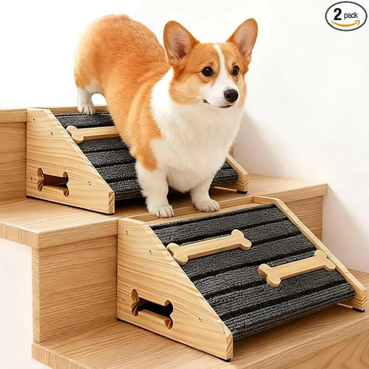 2-Pack Wooden Dog Ramp for Stairs - Natural Pine Wood Pet Step Ramp with Anti-Slip Bone Strips & Felt Padding, Stair Wedge for Small Medium Dogs, Indoor Home Safety Access for Injured Dogs