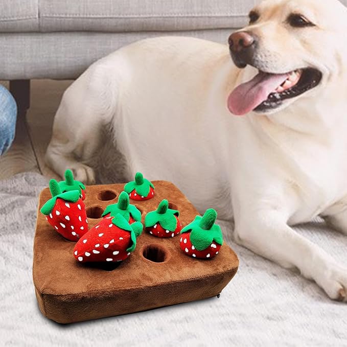 Snuffle Mat - Dog Strawberry Toy, Interactive Play Rug, Soft Plush Vegetable Field Design, Chew Resistant Training Mat | Fun Chewing Toy for Dogs, Pet Enrichment Game, Indoor Activity Pe