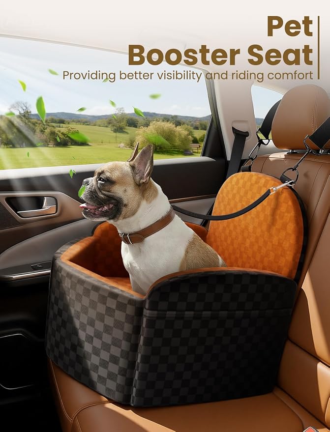Dog Car Seat for Small/Medium Dogs, Elevated Dog Booster Seat with Memory Foam Cushion for Dogs Under 35lbs, Detachable Washable Pet Car Seats with Storage Pockets & 2 Safety Belts (Brown)