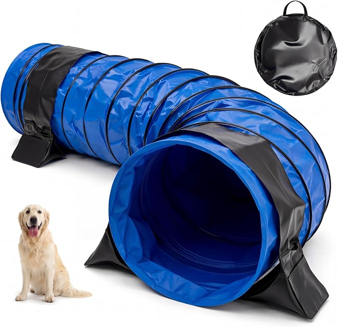 Briwooody 28 in 10 Foot PVC Dog Agility Tunnel with Sandbags Dogs Agility Training Equipment Tunnel with 2 Pack Sandbags, Carry Bag and 4 Ground Spikes for All Medium Large Dogs(Blue)