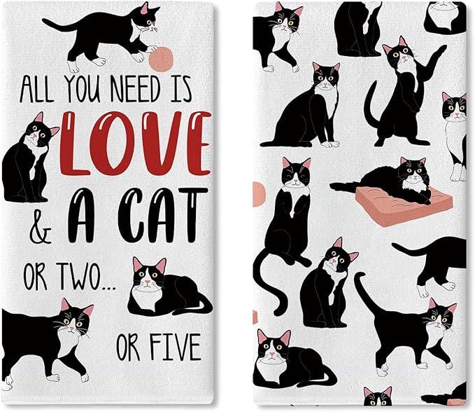 Funny Tuxedo Cat Kitchen Dish Towels Set of 2, All You Need is Love A Cat Drying Hand Towel Baking Cooking Cloth, Pet Owner Lover Gift Bathroom Home Decoration 18'' x 26''