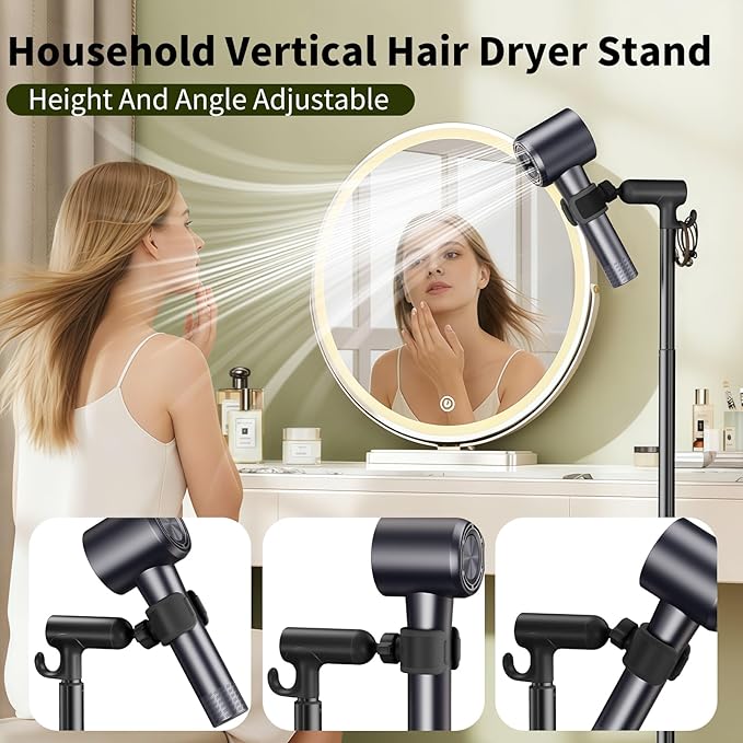 Hair Dryer Stand Hands Free With Anti-Slip Stable Base, Aluminum Alloy ,Adjustable Height 17 - 51 Inch,Blow Dryers Hairdryer Holder for Families & Pet Grooming & Salon Use Hair Dryer Holder（Black）