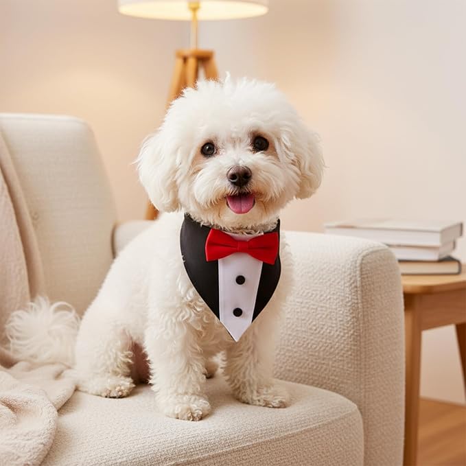 Dog Tuxedo Costumes, Dog Wedding Outfit Bandana with Bow Tie Dogs Tuxedo Bandana Collar with Bow Tie Adjustable Formal Dogs Bandanas Collar Costume for Small Medium Large Petdogs (Red, L)