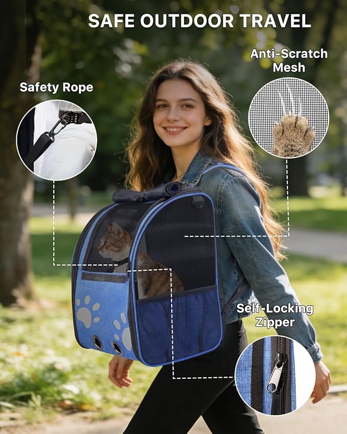 Cat Backpack Carrier, Ventilated Cat Backpack with Reflective Strips, Foldable Cat Carrying Backpack for Kitty Small Dog up to 15lbs (Blue)
